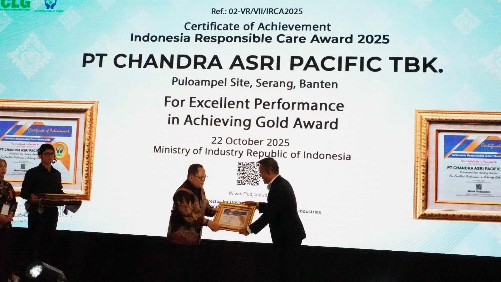 Pabrik Kimia Chandra Asri Group Raih Predikat Gold di Penghargaan Indonesia Responsible Care Awards (IRCA) 2025